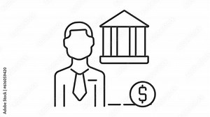 Animated investment banker line icon. Employee with bank building and financial chart animation. Financial occupation. Loop HD video with alpha channel, transparent background. Outline motion graphic