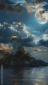 Lighthouse is lit up in dark sky with full moon in background