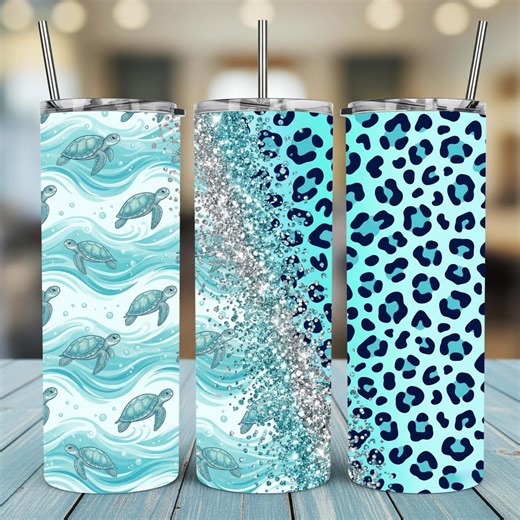Aqua Sea Turtle Leopard Tumbler Wrap, Ocean Waves Glitter Sublimation Design (digital Download) - Etsy