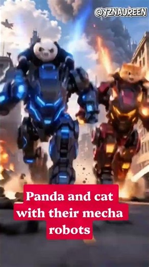 panda and cat with their robot against alien inflation #aianimation #animation