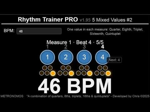 46 BPM_5 Mixed Values #2_One value in each measure Quarter, Eighth, Triplet, Sixteenth, Quintuplet.