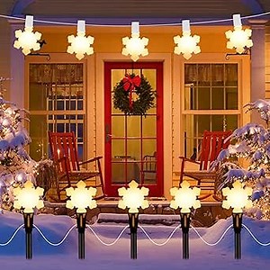 Christmas Snowflake Pathway Lights Outdoor, 15.5FT Waterproof Walkway Lights with 10 Stakes, Shatterproof LED Driveway Lights, Connectable E17 C9 Garden Stake Lights for Holiday Sideway Patio, 2700K