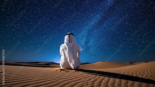 A solitary figure in traditional Emirati attire sits peacefully on a desert dune, gazing at the magnificent, star-filled night sky.