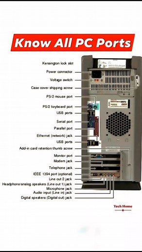 Computer ke back panel me itne saare ports hote hain… Par kaun sa port kis kaam ka? 🤔 Is video me aapko PC ke sare important ports ka full explanation mil jayega! 🔌🖥️ 📌 Important PC Ports: Power Connector Voltage Switch PS/2 Mouse Port PS/2 Keyboard Port USB Ports Serial Port Parallel Port Ethernet (Network) Jack Monitor Port Modem Jack Telephone Jack IEEE 1394 (FireWire) Headphone / Line Out Microphone Jack Audio Input (Line In) Digital Speakers Jack 🎓 Perfect for Computer Students, Hardwa
