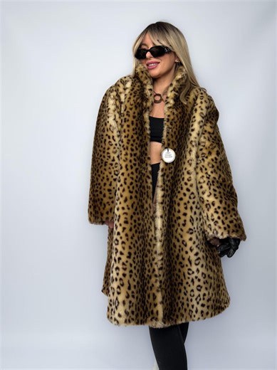 Vintage Faux Fur Coat Winter Leopard Cheetah Animal Print Oversize Mid Length Warm Jacket L - Etsy