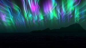 The abstract background of the multi -colored northern lights and mountains in the north, a bright iridescent realistic light light in the sky. Video 4K, 60 FPS