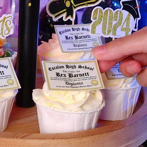 Personalized graduation diplomas edible cupcake toppers with name and school name. Perfect for graduations, decorating desserts, fruit bowls, centerpieces, floral arrangements, and more! | Callie Gifts