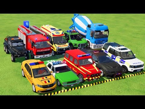 TRANSPORTING POLICE CARS, AMBULANCE, FIRE TRUCK, COLORFUL CARS WITH TRUCK -FARMING SIMULATOR 22!