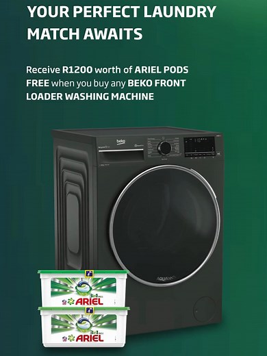 Fresher clothes, happier you! 😉 Snag a FREE pack of Ariel Pods (worth R1200!) with a new Beko front loader washing machine from Hirsch's. Powerful clean, guaranteed. #fyp