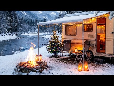 Relaxing Snowfall Christmas Motorhome Ambience | Riverside Campfire Crackle.