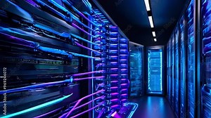 Row of servers with blue and purple lights in a data center.