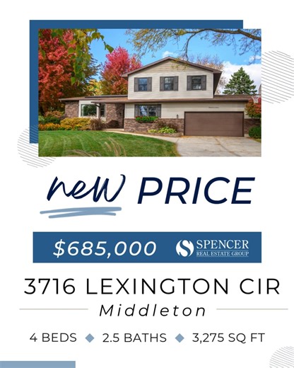 NEW PRICE: 3716 Lexington Cir, Middleton 4 beds  2.5 baths  3,275 sq ft  Now $685,000 Tucked away in a serene cul-de-sac, this impeccably maintained home shines with its energy-efficient features, including a 7.67 kW solar system, a high-efficiency A/C unit, and a low-temperature heat pump. More details and a virtual tour linktr.ee/SpencerREG Schedule a showing today. 608-841-2221 (call or text) team@spencerreg.com | Spencer Real Estate Group | Facebook