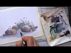 Easy Watercolor Painting of Rocks and Flowering Plants for Beginners