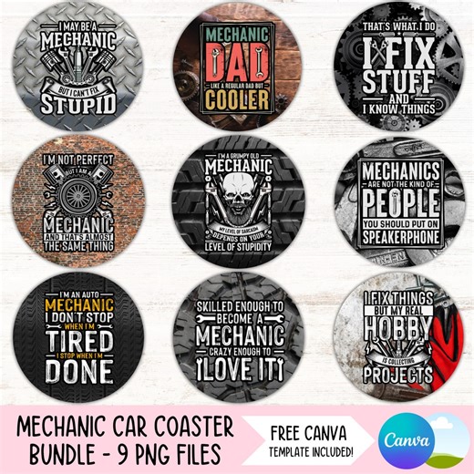 Mechanic Car Coaster Design Bundle Men's Cup Holder Sublimation Design Work Shop Tools Round Circle Clipart PNG Fathers Day Dad Grandad Gift - Etsy