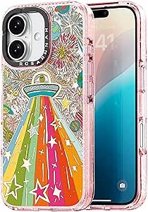 for iPhone 16 Case Cute - Durable Shockproof 6.6 ft Drop Impact Phone Case - Funny ET Alien Design (6.1") Glitter Pink