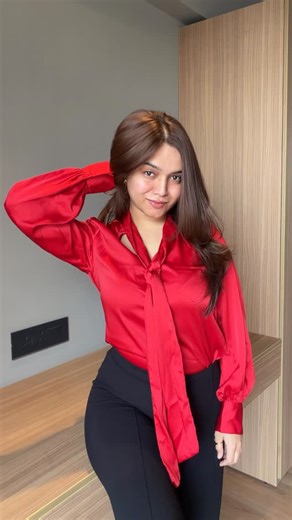 Uttara on Instagram: "Just a red bit obsessed ♥️ (Transition reels, transition ideas, outfit of the day, outfit ideas, outfit inspiration, styling, elevated basics, office wear fits, Christmas outfits, red satin blouse, minimal fashion) #transitionreels #outfitinspo #fashionreel #exploremore #fyp"