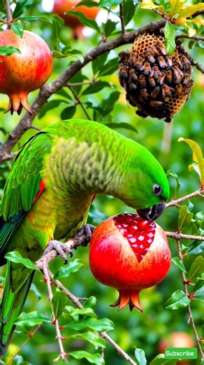 Parrot Eating a Pomegranate on a Fruit Tree । #birds #nature #feed