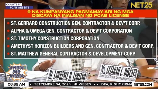 Naglabas ng resolusyon ang Philippine Contractors Accreditation Board (PCAB) na nagpapawalang-bisa sa contractors’ license ng siyam na kumpanyang pagmamay-ari o kontrolado ni Sarah Discaya. Inaprubahan ang Board Resolution No. 075 matapos ang kaniyang under oath testimony sa Senate Blue Ribbon Committee, kung saan inamin niyang hawak niya ang mga kumpanyang ito na may bid para sa government projects. Ayon sa PCAB, ang patuloy na accreditation sa mga kumpanya ay labag sa interes ng publiko at int