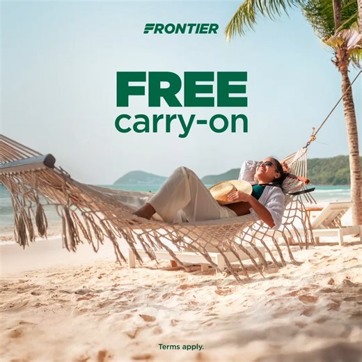 The only thing better than summer travel? FREE perks that come with it! 🙌🔥 Here's what you'll get: ✅ Carry-on bag included ✅ Standard seat selection ✅ No change/cancel fees Get the deal now ➡️ https://bit.ly/4lZol7t Seats are limited. Terms and conditions apply. Buy by 5/1/25. Fly by 8/18/25. | Frontier Airlines