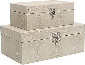Faux Shagreen Leather Decorative Storage Boxes Set of 2, Ivory