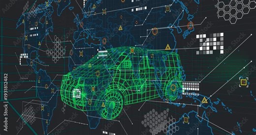 Blue map appearing green wireframe van getting data, hex pulsing, nodes linking for monitoring