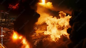 Massive explosion in an industrial area at night, with towering flames and thick black smoke creating a dramatic scene.