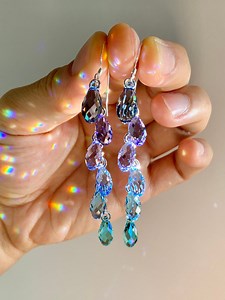 Sea Nymph ~ Luxe Ombré Waterfall Earrings With Rare Crystals, Sterling Silver or 14k Gold-filled, Colorful Aqua Blue Purple Mermaid Cascade - Etsy