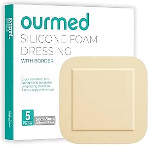 Silicone Foam Dressing with Border Adhesive - Large Absorbent Waterproof Bandage for Wound Care, Foot Diabetic Ulcer, Leg Ulcer, 6" x 6", 5 Pack