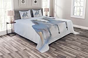 Lunarable Horses Bedspread, Galloping Rare Spotted Horses on Snow Field Dominant Genes Albino Different Animals Print, Decorative Quilted 3 Piece Coverlet Set with 2 Pillow Shams, King Size, White