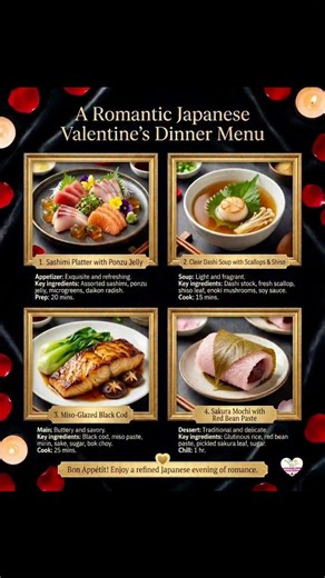 A Romantic Japanese Valentine’s Dinner Menu ⸻ 1. Sashimi Platter with Ponzu Jelly Ingredients Sushi-grade salmon 4 oz, sliced Sushi-grade tuna 4 oz, sliced Yellowtail or snapper 4 oz, sliced Daikon radish 1 cup, finely shredded Microgreens ½ cup Cucumber ½ cup, thinly sliced Wasabi to taste Pickled ginger to taste Ponzu Jelly Ponzu sauce ½ cup Water ½ cup Gelatin powder 1½ tsp (or agar-agar 1 tsp) Instructions Warm water until hot (not boiling). Whisk in gelatin until dissolved. Stir in ponzu sa