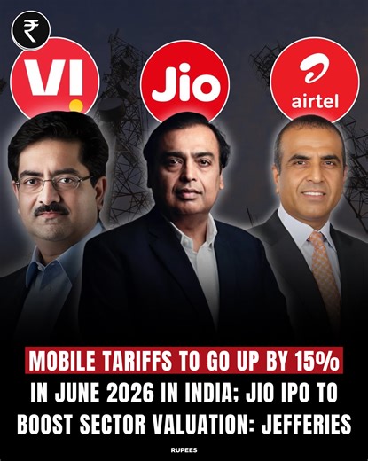 Rupees on Instagram: "Telecom operators are expected to increase mobile tariffs by 15 per cent after about two years, which is estimated to more than double the revenue growth rate of the sector in FY27, a report by analysts said on Thursday. The Jefferies report by Equity Analyst Akshat Agarwal and Equity Associate Ayush Bansal expects that a proposed initial public offering of Jio in the first half of 2026 will increase the valuation of the sector as well as support an increase in mobile servi