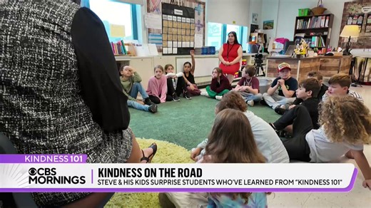 For four years, Steve Hartman and his kids, Emmett and Meryl, have been sharing stories on “Kindness 101," capturing millions of hearts. Now, with the help of Drake University, the series is a curriculum in tens of thousands of schools. The Hartmans recently surprised some of those students. | CBS Mornings