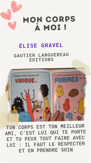 Très joli album pour la sélection EVAR sur le thème du respect du corps, de l'autonomie et du consentement. Mon corps à moi de @elise_gravel aux éditions @gautierlanguereau . Ce livre explique aux enfants que tous les corps sont différents et que c'est normal. Il encourage à respecter son corps et à le protéger. On peut dire non, c'est se protéger. Merci à l'auteure pour ce joli message passé : mon corps, c'est moi qui décide ! Il m'appartient et je dois le protéger et en être fière. https://amz