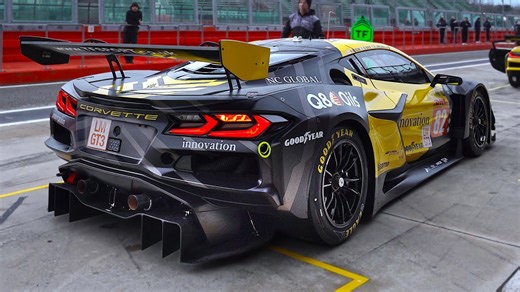 Corvette C8 GT3.R starts, warms up, and revs hard