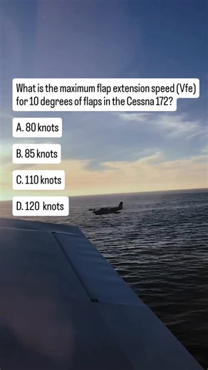 Root To Sky Aviation Pvt Ltd. on Instagram: "What is the maximum flap extension speed (Vfe) for 10 degrees of flaps in the Cessna 172? A. 80 knots B. 85 knots C. 110 knots D. 120 knots DM FOR VIDEO CREDIT #AviationKnowledge #ArtificialHorizon #PilotTraining #FlyingTips #IndianPilot #pilotlife #pilot #aviation #FlightTraining #FlyingSchool #dgcagroundclasses #mumbai #bengaluru #IndianPilot"