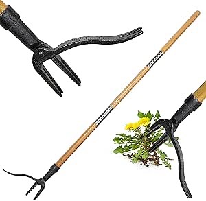Stanew 4-Claw Stand Up Weeder Tool,45'' Manual Weeder,Heavy-Duty Steel Claw Head with a Solid Wood Long Handle,Easily Remove Garden/Yard Weeds, wooden