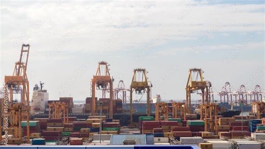 This dynamic video captures the bustling operations of a large-scale logistics port and shipping terminal, featuring massive container ships loading and unloading cargo, towering port cranes moving co