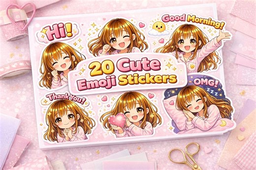 Kawaii Girl Daily Emoji Sticker Pack – 20 Cute PNGs | Pink Chibi Stickers | Digital Download