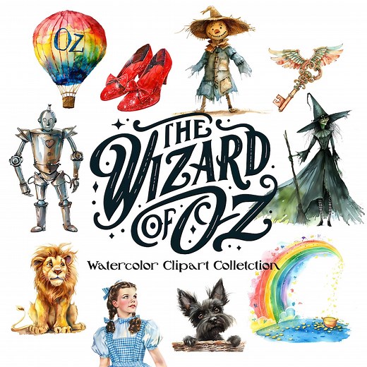 The Wonderful Wizard of Oz by L. Frank Baum Watercolor Clipart, 30  High Resolution PNG Files, Lion, Scarecrow, Tinman, Dorothy, Toto - Etsy