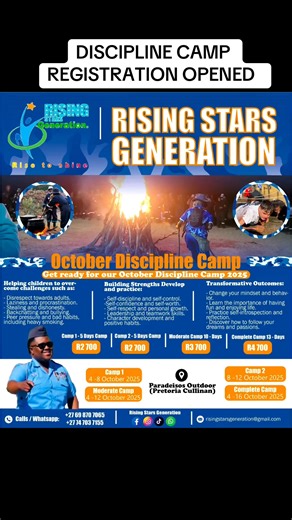 36K views · 367 reactions | THE ORIGINAL DISCIPLINE CAMP IN SOUTH AFRICA. Registration is opened! 0698707065/ 0747037155 | The Rising Stars Generation | Facebook