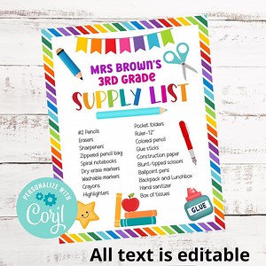 Classroom Supply List, Back to School Editable List, School Planner Template, Instant Download, Elementary School Supplies Checklist - Etsy