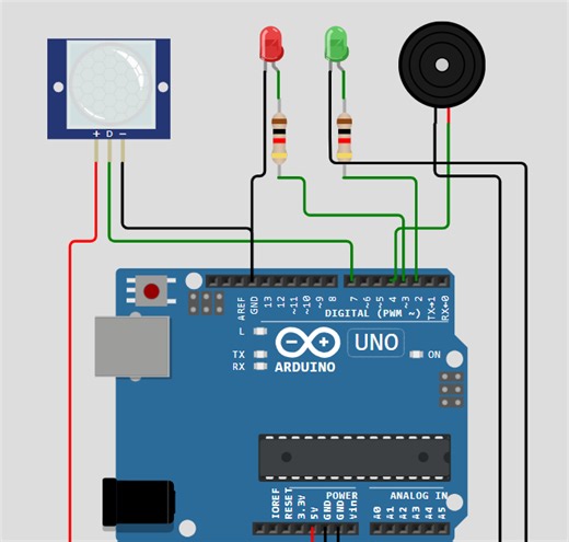 PIR MOTION SENSOR USING ARDUINO UNO, BUZZER & LED'S