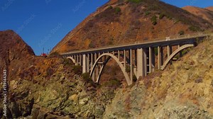 Bixby Creek Bridge Big Sur coast of California Aerial view Drone Bixby Creek Bridge, also known as Bixby Bridge, on the Big Sur coast of California, is one of the most photographed bridges