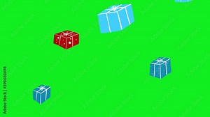 rain of present boxes falling down on the green background, holiday design animation for video greetings, clips and cards, animated objects for keying