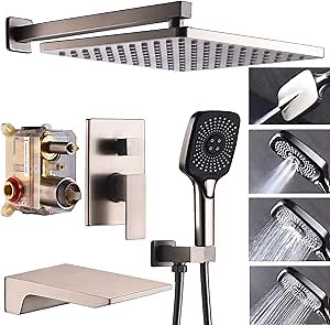 Shower System with Tub Spout 10 Inch Overhead Shower 4 Setting Handheld Spray Rough In Pressure Balance Valve Body with Trim Kit Wall Mounted Rainfall Bathtub Shower Faucet Set (Brushed Nickel)