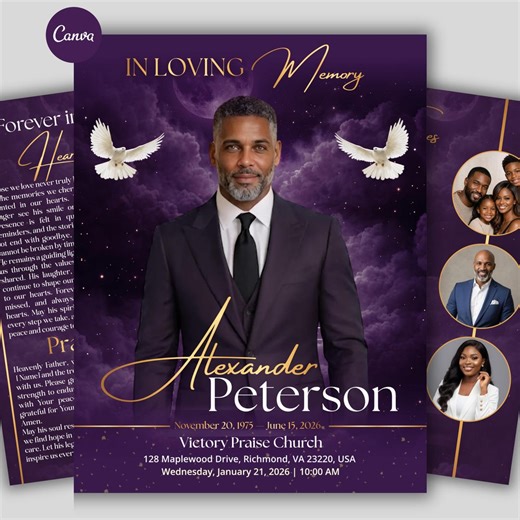 Purple Funeral Program Template | Canva Obituary | in Loving Memory of Funeral Template | Heavenly Funeral Ceremony Program | Memorial Canva - Etsy Australia
