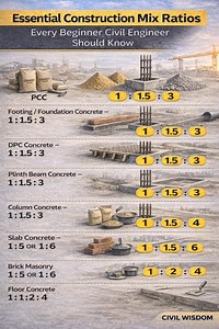 Understanding concrete mix ratios is crucial for safe and durable construction. This guide explains the most commonly used cement : sand : aggregate ratios for different structural elements like footing, slab, column, and masonry work. Whether you are a civil engineering student, site engineer, contractor, or builder, these standard mix ratios will help you avoid mistakes and ensure quality construction. 📌 Save this post for quick reference 📌 Follow Civil Wisdom for practical civil engineering