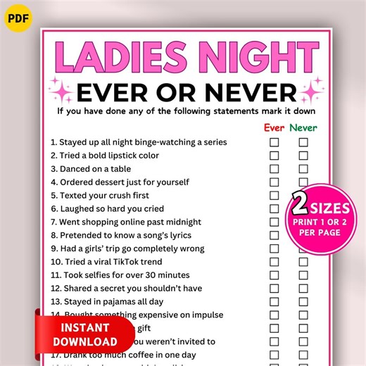 Never Have I Ever Game, Printable Ladies Night Party Games, Ladies Night Activities, Girls Night Game, Ladies Night Games, Icebreaker Game - Etsy