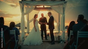Beautiful Bride and Groom During an Outdoors Wedding Ceremony on an Ocean Beach at Sunset. Perfect Venue for Romantic Couple to Get Married, Exchange Rings, Kiss and Share Celebrations with Friends.