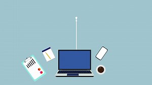 Business idea transferring method 4K animation using a laptop. Employee sending ideas and works to his colleagues. 4K animation of a social networking service on a blue background. Sending data.